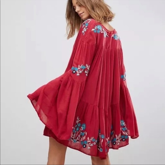 Free People S Red Te Amo Boho Floral Embroidered Flowy Dress - Picture 5 of 16